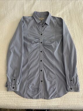 Burberry Blue and White Stripe Gathered-Front Shirt